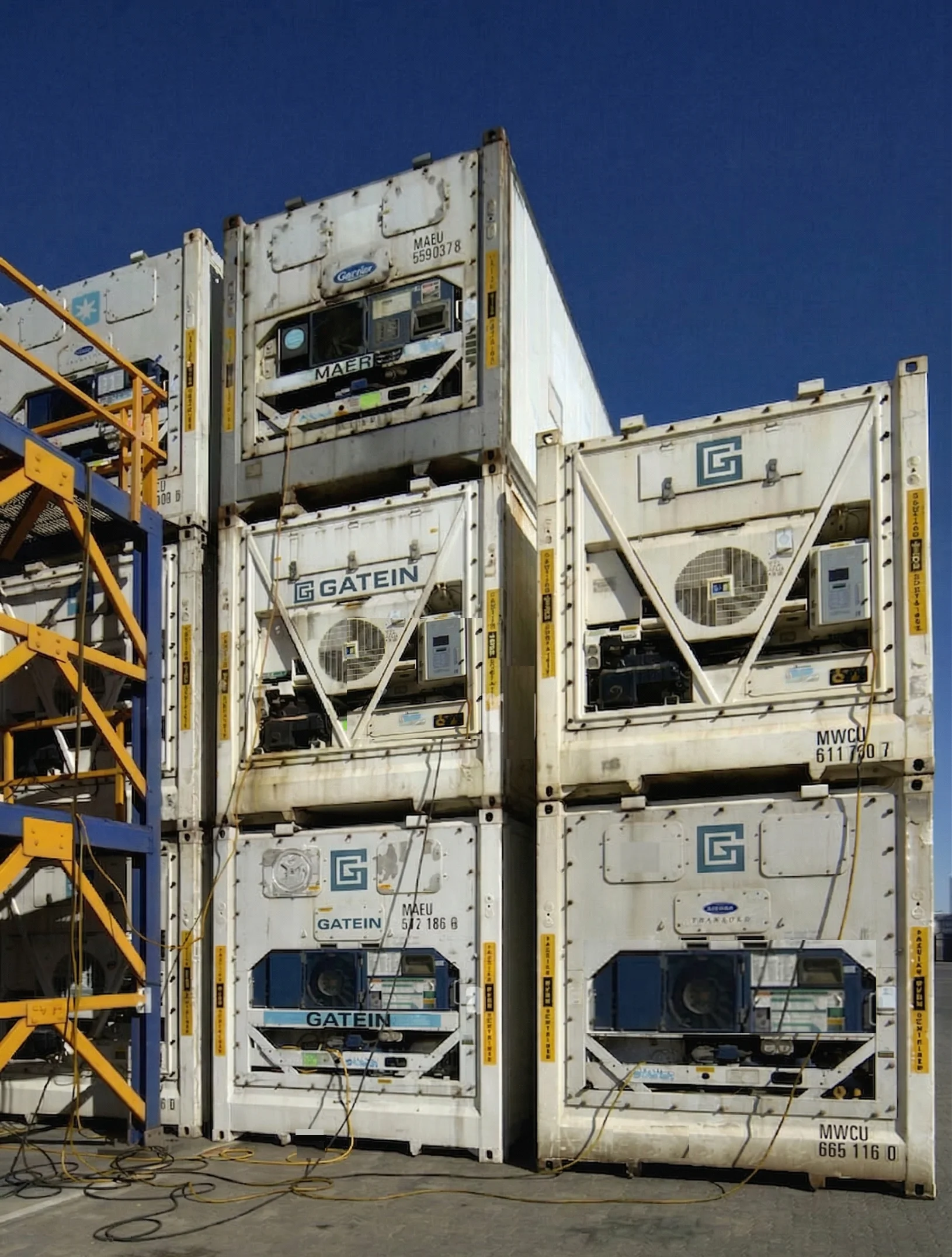 Refrigerated reefer container stack at a cold-chain storage facility